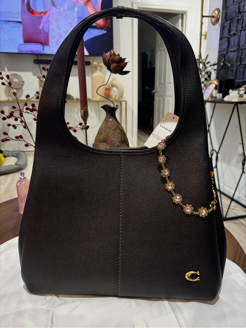 Coach Black Pebbled Leather Hobo with Gold Floral Chain Accent
